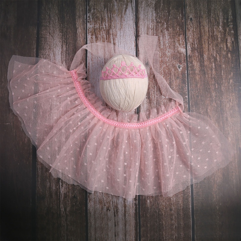 Set 2 Món Áo Váy Tutu Lưới Chấm Bi Hai Lớp Đính Vương Miện Kim Sa Lấp Lánh Làm Phụ Kiện Chụp Ảnh Cho Bé Gái Sơ Sinh