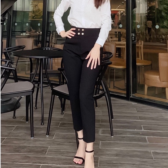 Quần baggy nữ lưng cao phối 4 cúc cực đẹp -  quần tây nữ cạp cao công sở chất vải đẹp