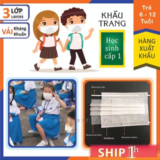 [Trẻ tiểu học] Khẩu trang đi học cho bé từ 6 - 12 tuổi, 1 hộp 50 cái khẩu trang y tế 3 lớp giấy kháng khuẩn HD mask Kids