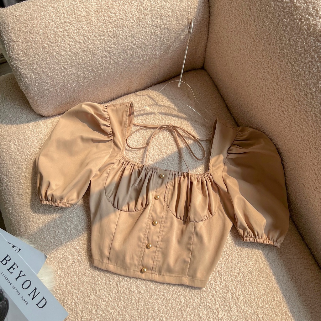 Áo croptop tay phồng đính ngọc trai cao cấp 3 màu Four Lady A19
