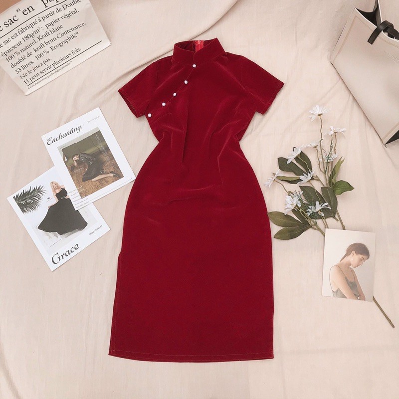 Đầm nữ thiết kế đầm nữ nhung đỏ sườn xám mặc diện tết dự tiệc dạo phố cực xinh