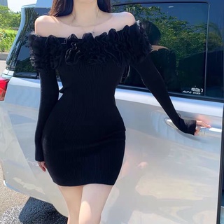 Đầm len nữ hở vai dáng ngắn, đầm len ôm body