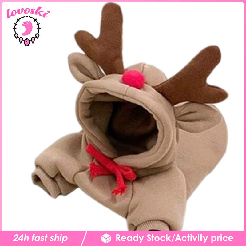 Bộ áo liền quần có mũ bằng cotton hình tuần lộc/chú ếch giữ ấm mùa đông dành cho cún và mèo cưng dễ thương