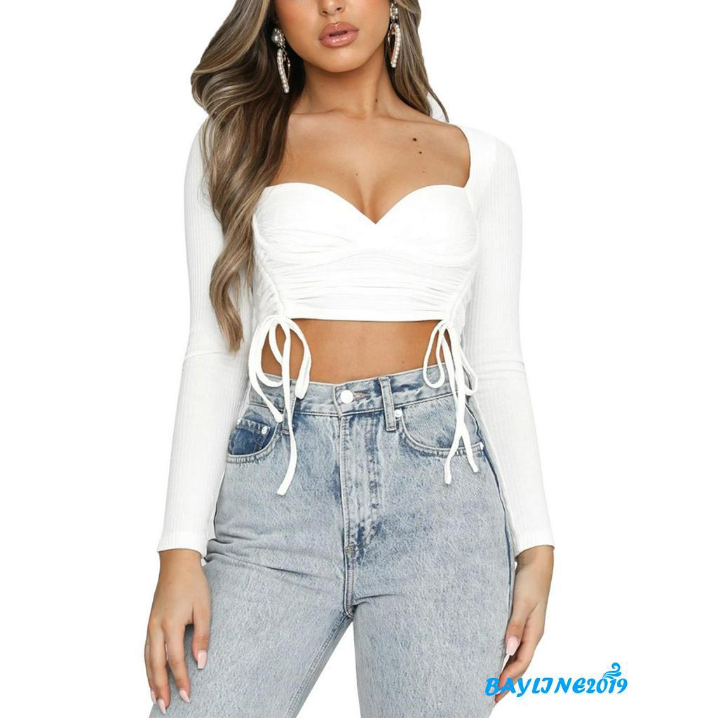 Áo Thun Nữ Tay Dài Cổ Khoét Sâu Gợi Cảm