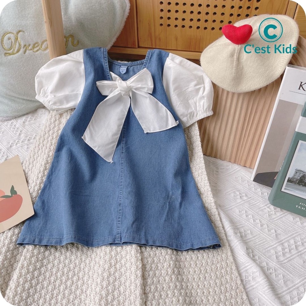 Váy bé gái, váy bò bé gái, váy jean phối tay phồng lên dáng xinh như công chúa Size nhí size trung size đại