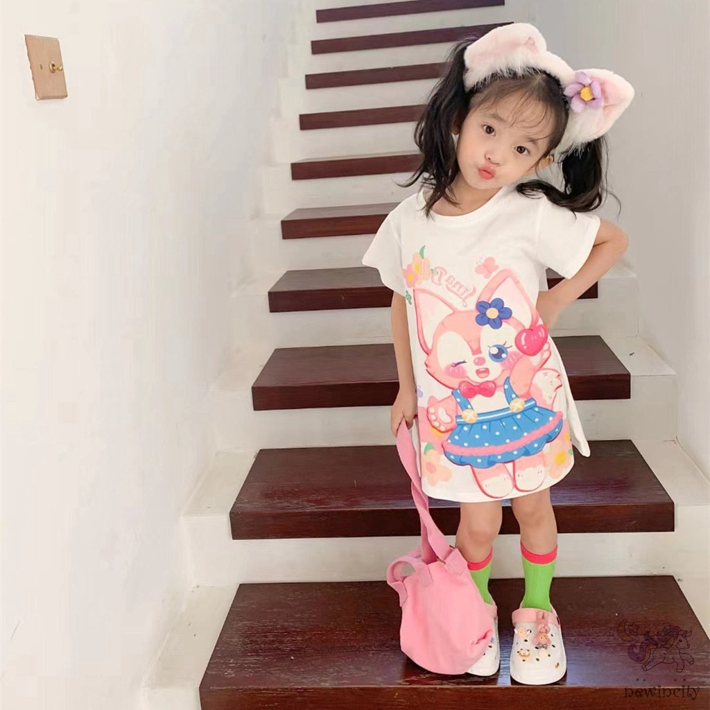 Đầm Cotton Tay Ngắn In Họa Tiết Hoạt Hình Phong Cách Hàn Quốc Thời Trang Mùa Hè Cho Bé Gái