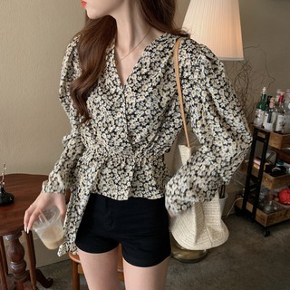 Áo kiểu voan hoa nhí dài tay cổ tim vạt chéo chiết eo retro phong cách hàn quốc áo kiểu nữ voan hoa tay dài