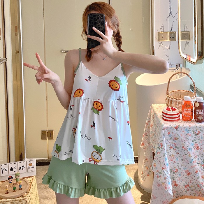Bộ đồ ngủ áo 2 dây + quần đùi thun cotton hàng đẹp, từ 40-75kg size M, L, XL (S06)