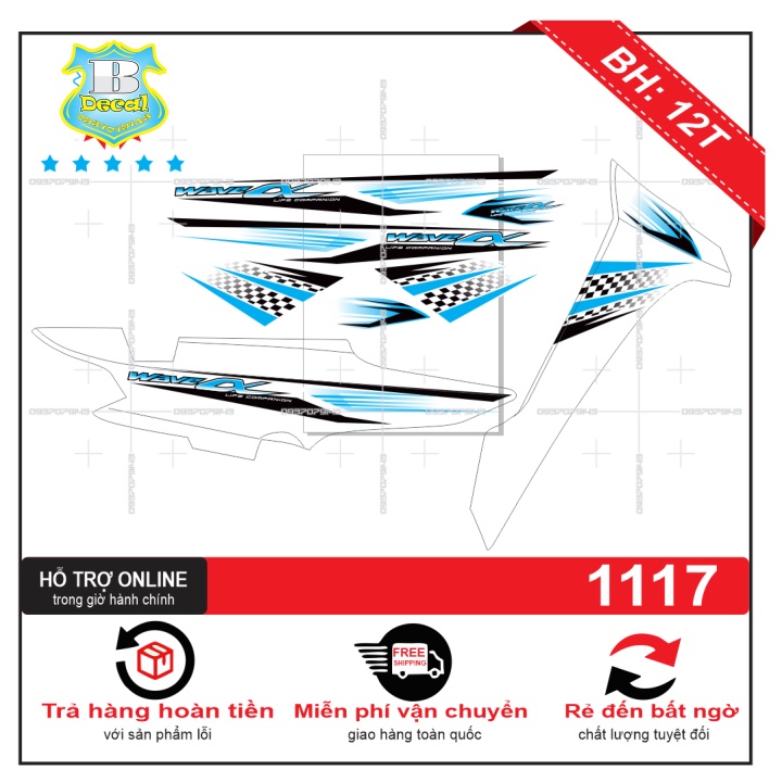 ( Quí khách vui lòng mang ra tiệm cho thợ dán ) Tem wave a 2017 trắng xanh