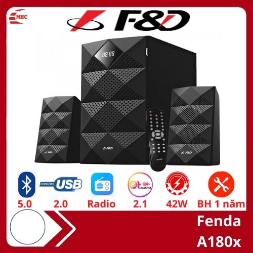 Loa máy vi tính Bluetooth 5.0 Fenda A180X 2.1, 42W có điều khiển/cổng USB/Radio