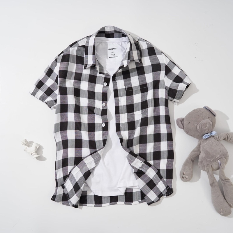 Áo sơ mi kẻ caro cổ bé bé trai, có size đại 55kg người lớn bon chen thoải mái