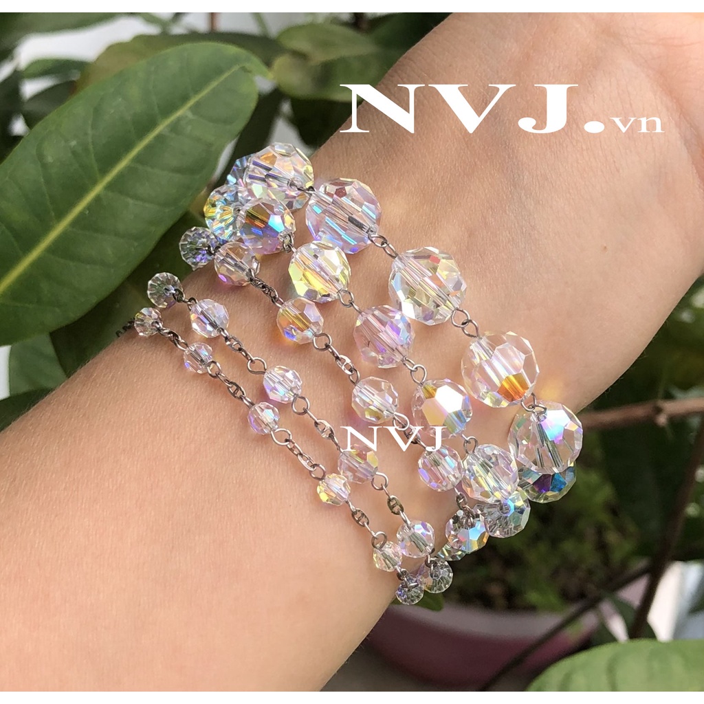 Lắc tay 10 hạt tròn pha lê Swarovski 5000 001A tùy chọn size 4, 5, 6, 8, 10mm, khóa tròn bạc 925 - PhaleAo trang sức NVJ