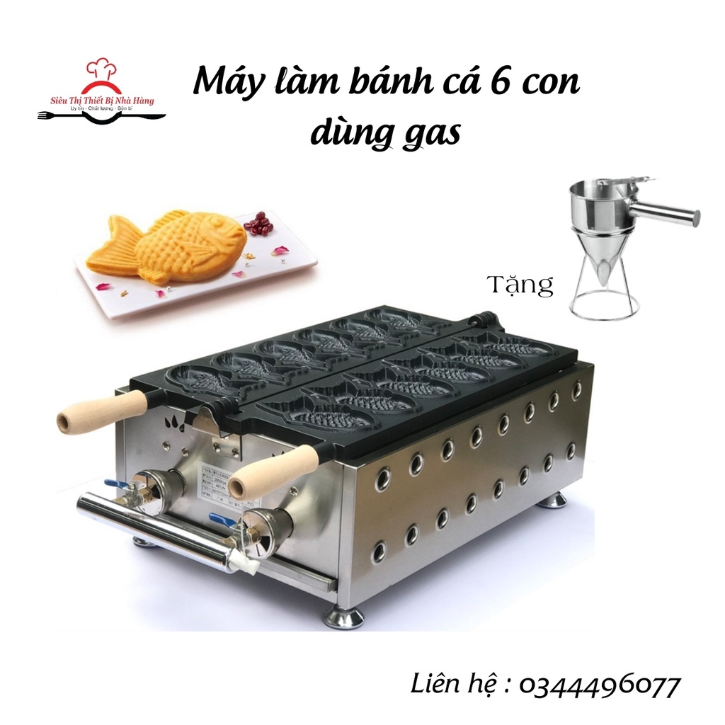 TẶNG 01 phễu rót bột - Máy làm bánh cá TAIYAKI bằng gas, máy làm bánh hình con cá 6 con Nhật Bản chất lượng