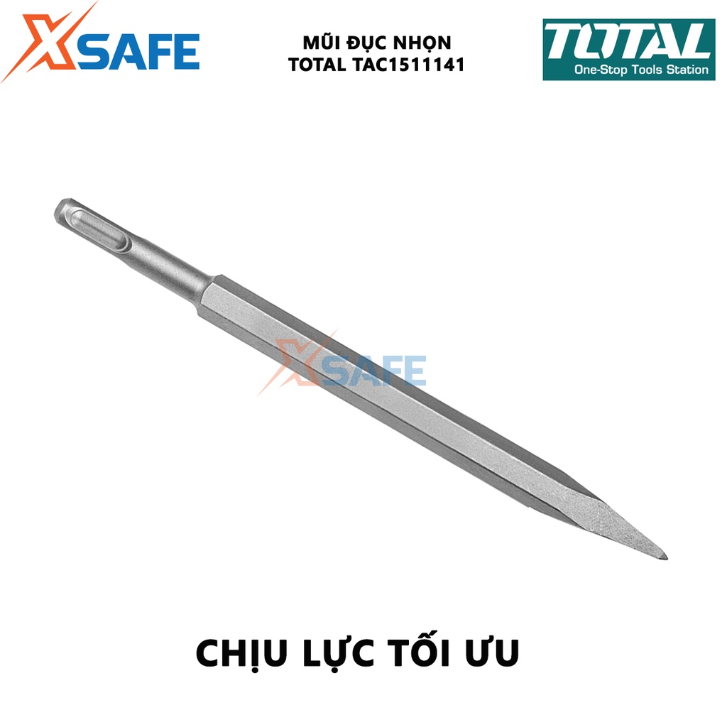 Mũi đục nhọn TOTAL TAC1511141 size 14x250mm, dùng đục, khoét các bề mặt cứng khác nhau như tường, bê tông