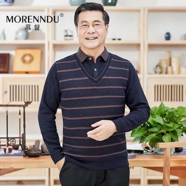 Áo len cổ sơ mi kẻ ngang lót lông nam trung tuổi