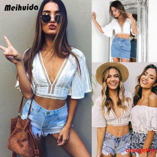 Women's Daily Slim Fit Deep V-Neck Hollow Out Short Tops