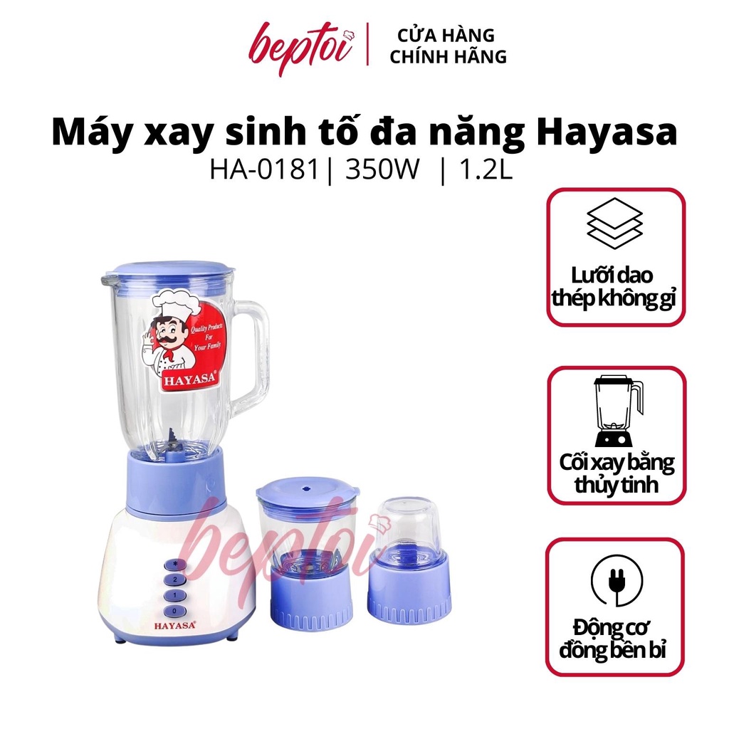 Máy xay sinh tố cối thủy tinh, máy xay đa năng dao thép không gỉ công suất 350W Hayasa HA-0181