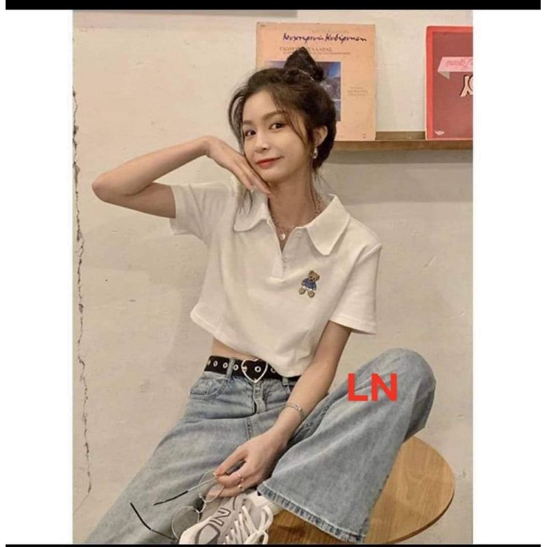 Áo Thun Croptop Ngắn Tay Cổ Bẻ In Hoạ Tiết Gấu Thời Trang Cho Nữ