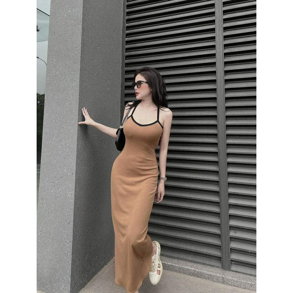 Đầm Body Hai Dây Cổ Cách Điệu Viền