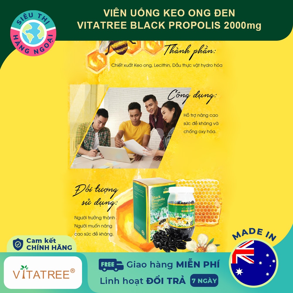 Viên uống tăng cường hệ miễn dịch keo ong đen Vitatree Black Propolis 2000 - Hộp 365 viên