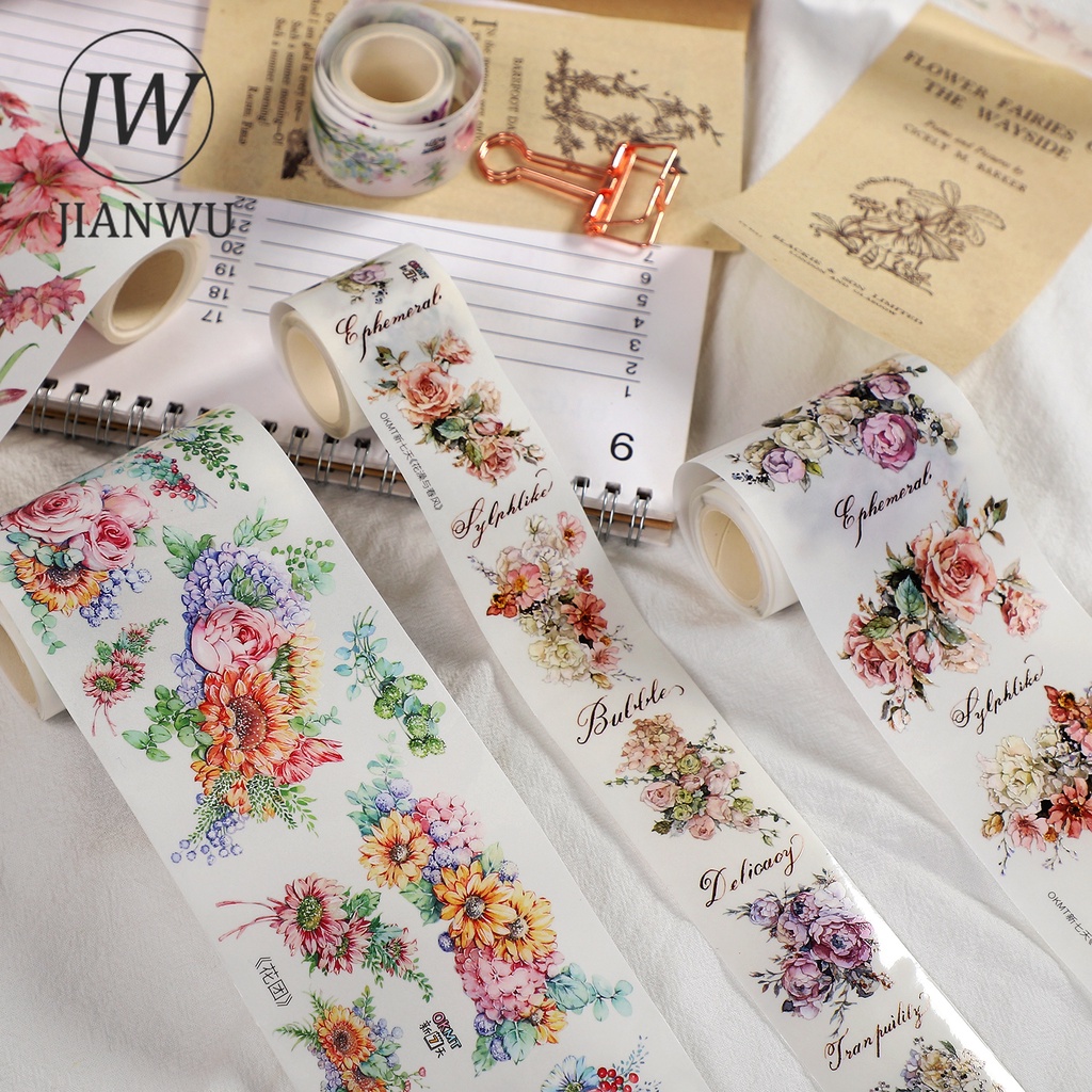 Cuộn Băng Keo Washi 300cm Họa Tiết Hoa / Lá Trang Trí Sổ Tay