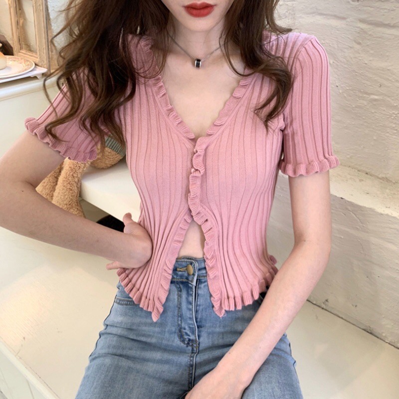 Áo Len Ngắn Tay Croptop Quảng Châu Phong Cách Idol Hàn Quốc Blackpink Jennie Cổ V Sang Chảnh Sexy | BigBuy360 - bigbuy360.vn