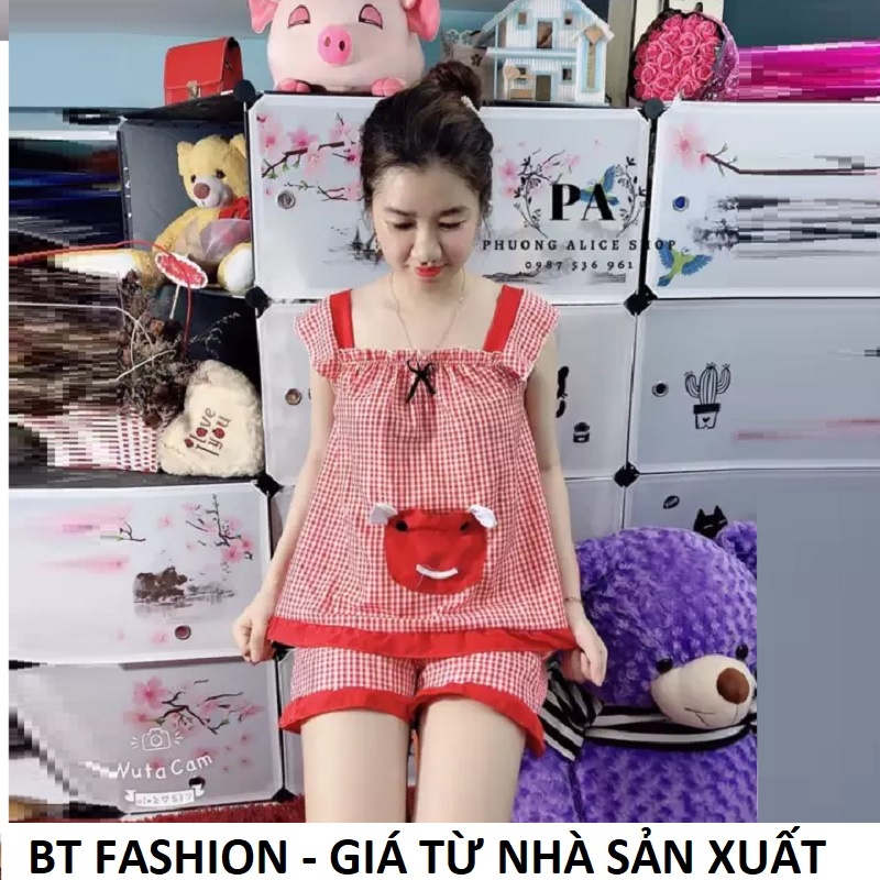 Đồ Bộ Mặc Nhà Vải Katê Lụa Mền Mại, Mát, Thời Trang - BT Fashion (Kate Đùi- Túi Caro HD1)