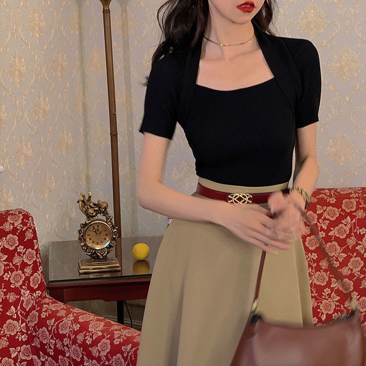 Áo Dệt Kim Tay Ngắn Trễ Vai Phong Cách Retro Hong Kong Cho Nữ