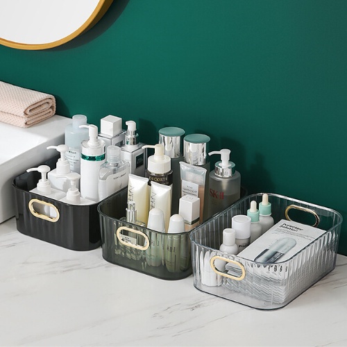 Khay trong suốt đựng mỹ phẩm, hộp đựng đồ để bàn sang trọng dày dặn tay cầm mạ vàng (NCP31)