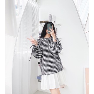 sơ mi caro cổ sen tay nơ