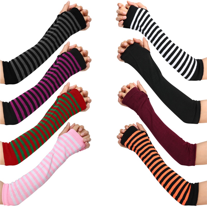 Găng Tay Dài Hở Ngón Chống Nắng Họa Tiết Kẻ Sọc Phong Cách Gothic Thời Trang