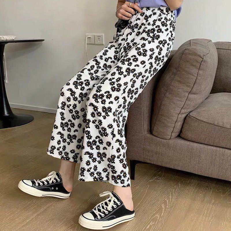 Quần Dài Lưng Cao Hoạ Tiết Hoa Thiết Kế Dáng Rộng Thoải Mái