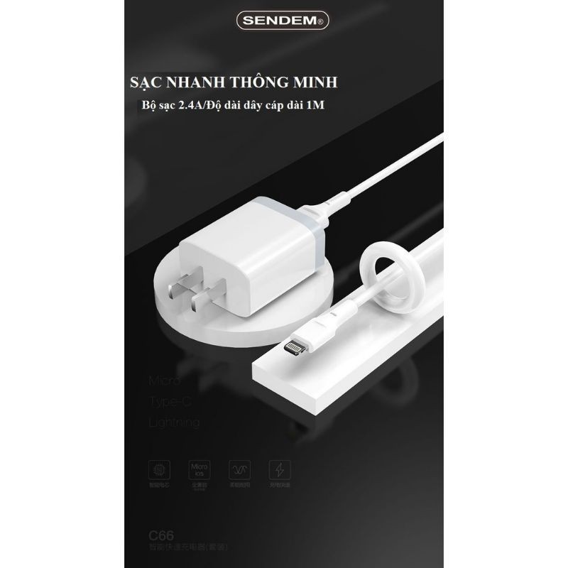 sạc nhanh iphone chính hãng sendem C66, với 3 loại chân sạc Lightning, Micro, TypeC ipad samsung huawai - Phụ Kiện Việt