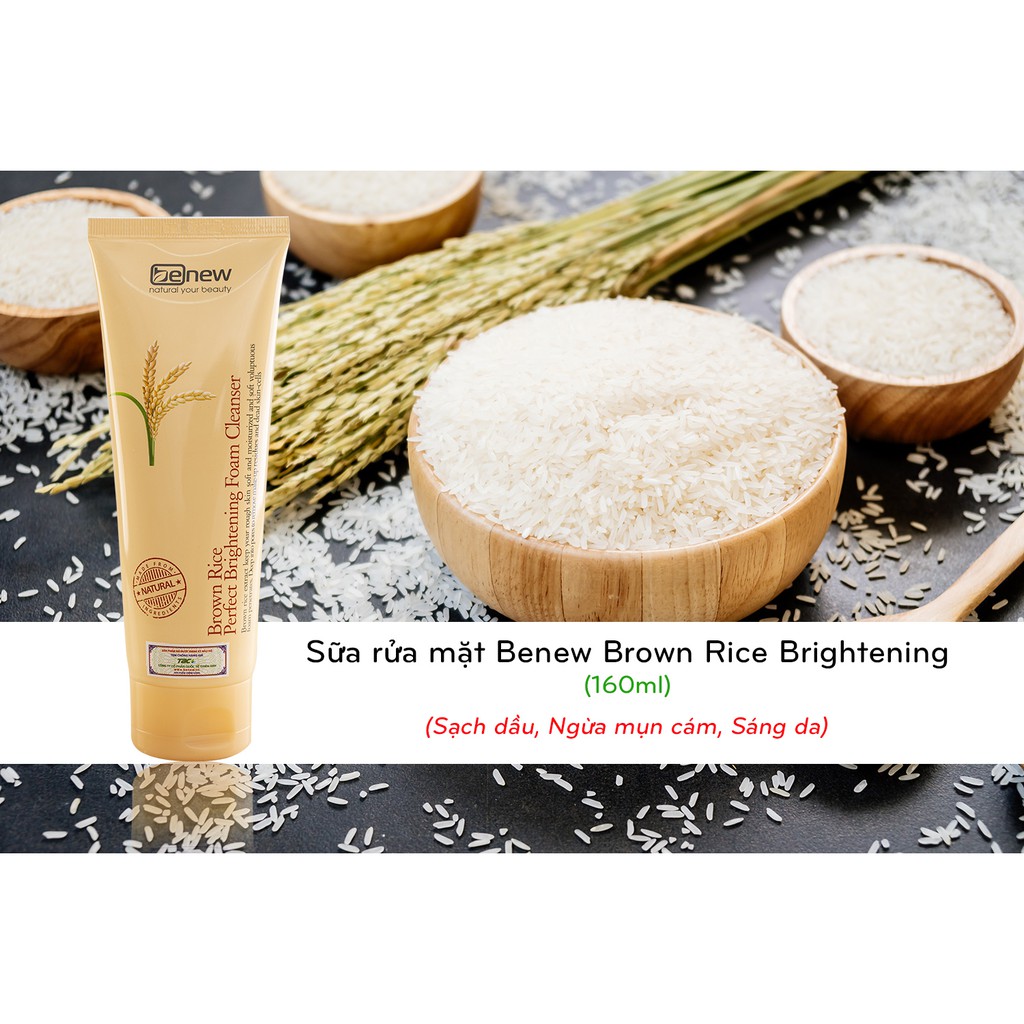 Bộ 1 sữa rửa mặt gạo trắng da, ngừa mụn Benew Brown Rice Brightening 160ml Hàn quốc và 1 gói kem dưỡng Dabo 1ml/gói