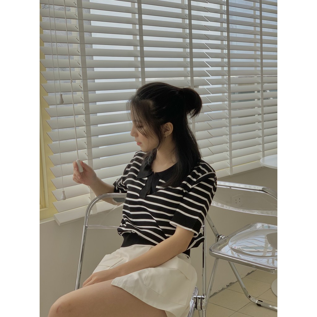 Áo len tăm cổ polo ngực V kẻ SA448 Lollie.studio | BigBuy360 - bigbuy360.vn