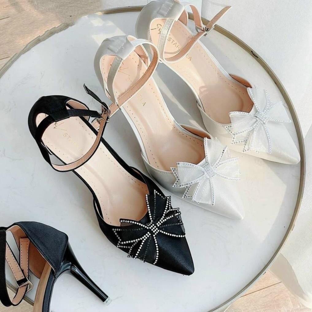 Giày cao gót mũi nhọn gắn nơ lưới đính đá hở eo có quai hậu gót nhọn cao 7p, giày cưới cô dâu mũi nhọn kiểu mới tiểu[m74
