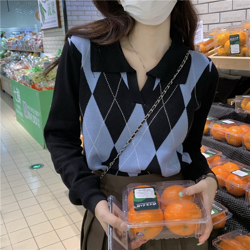 Áo Len Tay Dài Màu Sắc Tương Phản Phong Cách Retro Hàn Quốc