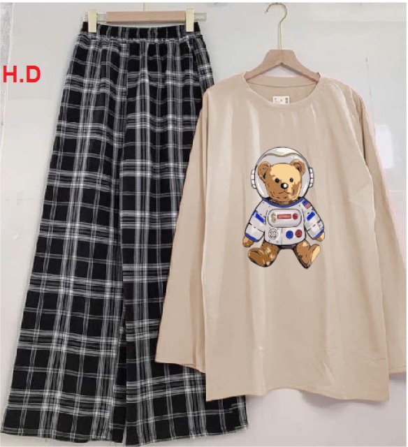Sét áo gấu tay dài + quần kẻ ô HĐ12 , sét áo nam nữ,  sét bộ mặc ở nhà MODY