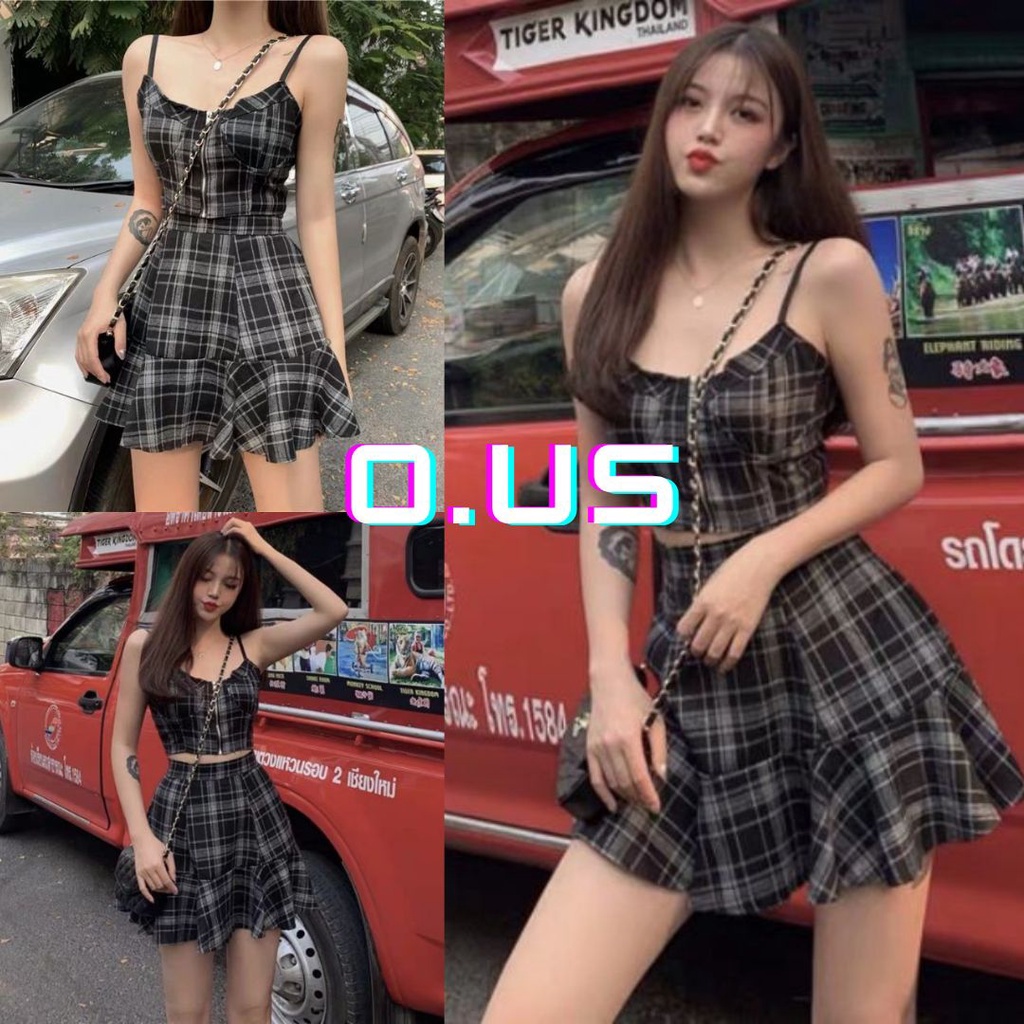 (Order) Set áo 2s + chân váy xòe kẻ caro đen trắng