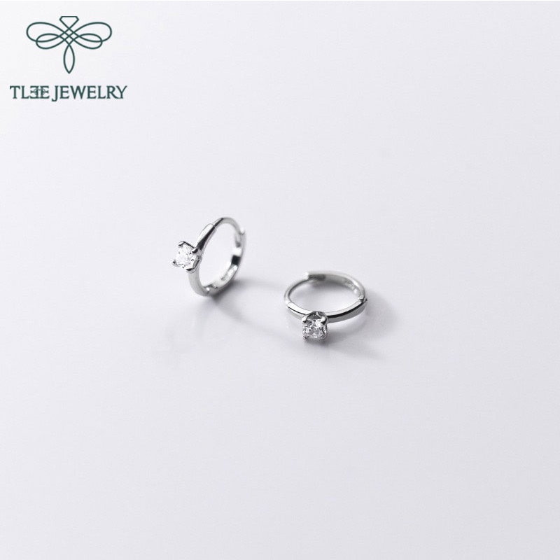 Khuyên tai bạc nữ TLEE tròn chốt bấm mặt nụ đá trendy dáng đeo sát tai TleeJewelry B0232