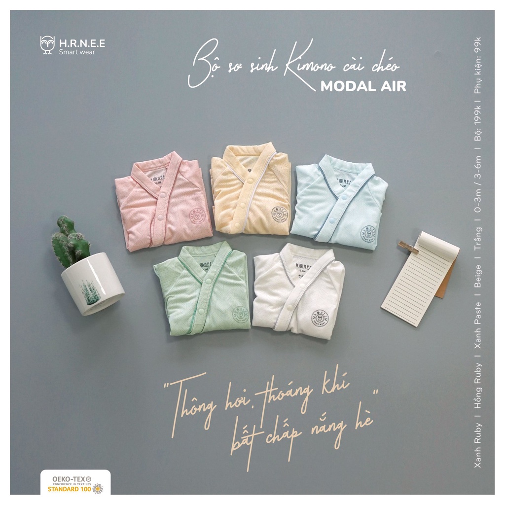 HRNEE. Bộ sơ sinh Kimono cài chéo và phụ kiện Modal Air