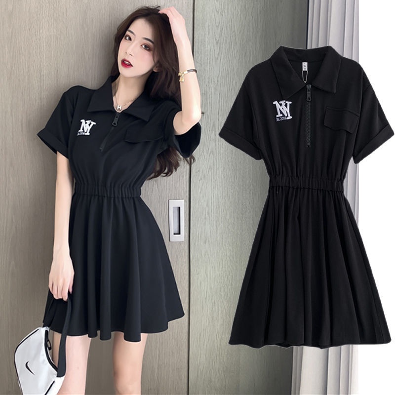 Black dress women's summer 2022 new Korean style temperament slim embroidered A-shaped short T-skirt polo collar small black skirt
