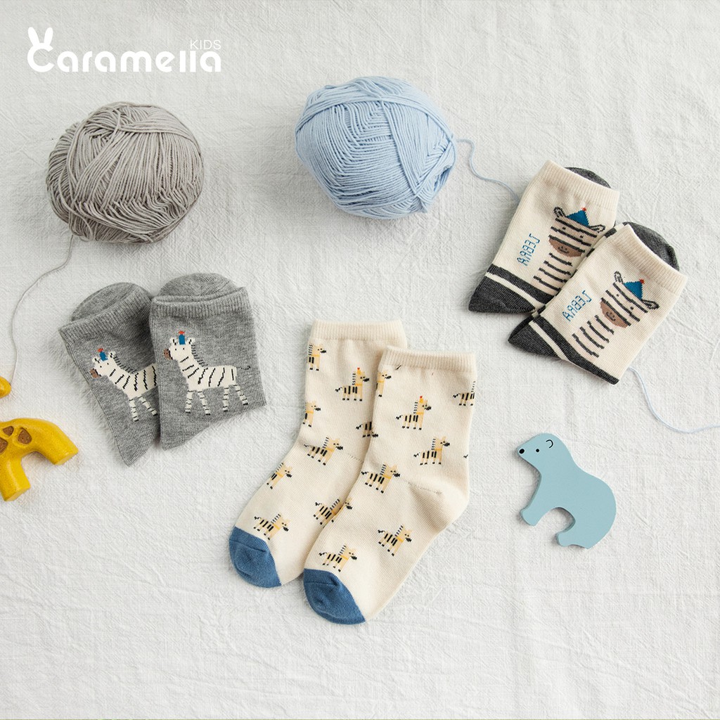 Tất Caramella Cho Bé Yêu Mẫu Ngựa Vằn Set 3 Đôi Vớ Trẻ Em Kèm Túi Zip