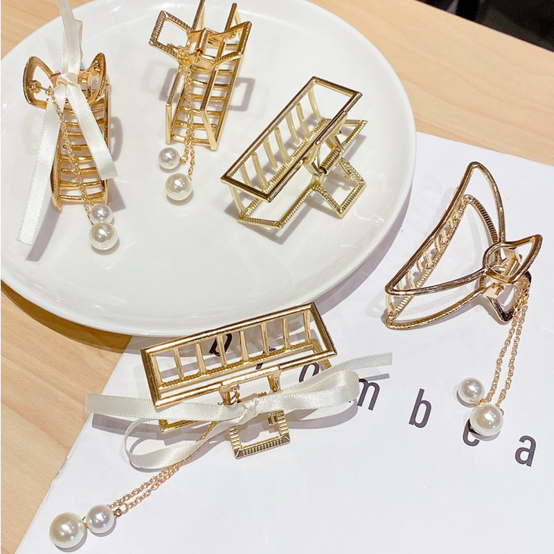 Kẹp tóc trang trí cây kéo đính ngọc trai nhân tạo thời trang phong cách Hàn Quốc 2021