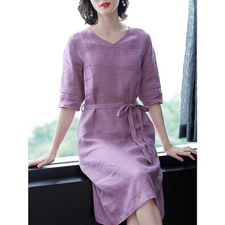 Đầm suông Linen bột Premium cổ tim chồng tay lỡ