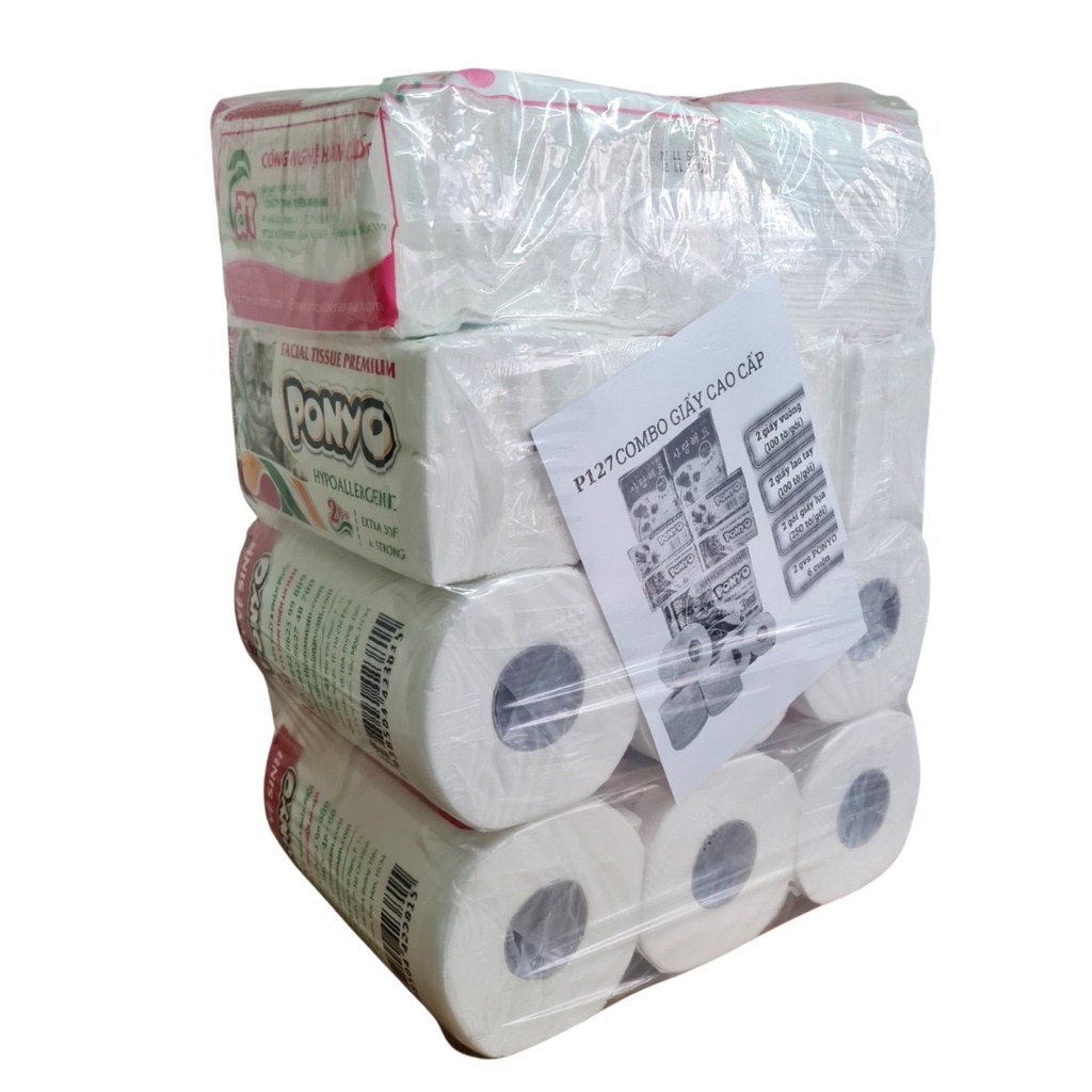 (P127) Combo giấy vệ sinh PONYO, giấy lau tay, giấy lụa lau mặt, giấy ăn vuông cao cấp