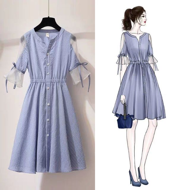 Váy kẻ sọc phối voan