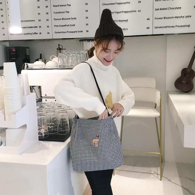 Túi Vải Túi Tote Canvas Retro Sọc Caro Thêu Hình Hàn Quốc Túi Vải Canvas Đựng Đồ Shopping Mùa Hè