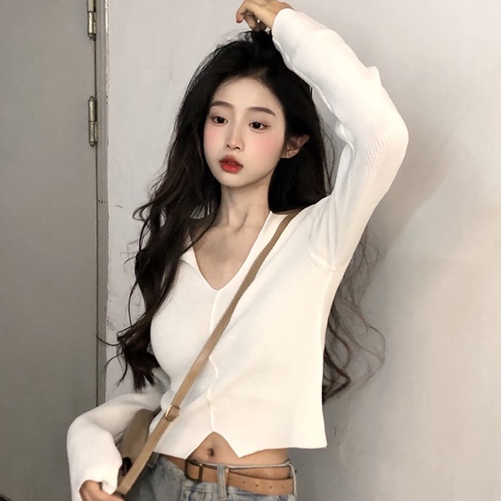 Áo sweater ZHELIHANGFEI dài tay cổ chữ V xinh xắn dành cho nữ