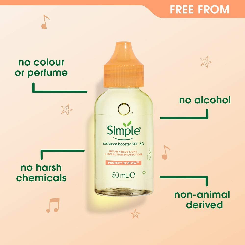 Tinh chất chống nắng, chống oxy hóa Simple Protect 'N' Glow Radiance Booster SPF 30 Glowing Skin Invisible 50ml